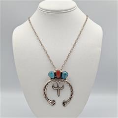 Vintage Old Pawn 925 Sterling Silver Turquoise & Coral Squash Blossom Pendant